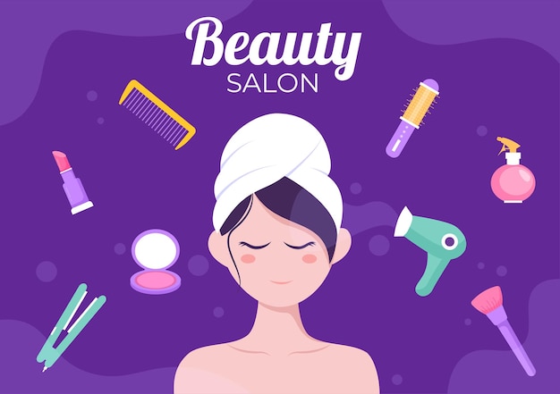 Makeup for woman in beauty salon flat design illustration with\
cosmetics as nail polish, mascara, lipstick, eyeshadow, brush,\
powder and manicure pedicure