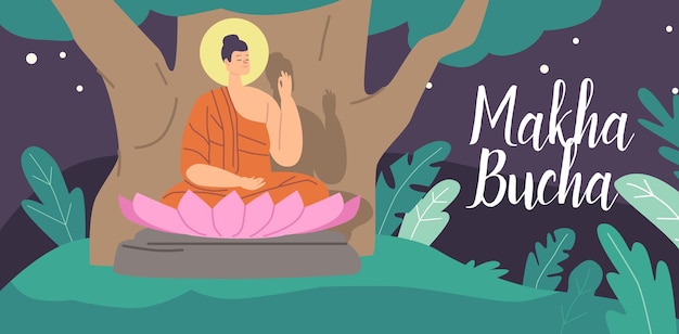 Vector makha bucha greeting card. buddha character sitting under bodhi tree in pink lotus flower at night. religious concept of nirvana and buddhism teaching or worship. cartoon people vector illustration