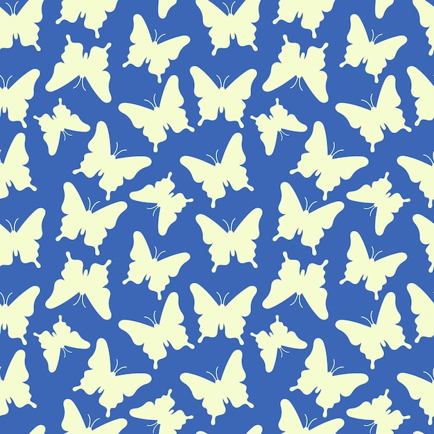 Makhaon butterflies silhouettes pattern Seamless background with beautiful flying insects Blue and yellow print Vector repeat illustration for designs textile fabric wrapping paper