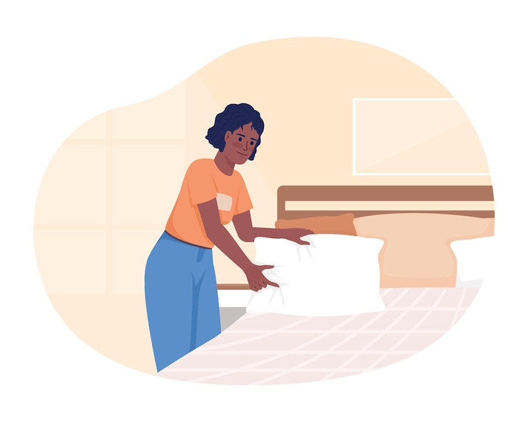 Vector making bed after waking up in morning 2d vector isolated illustration