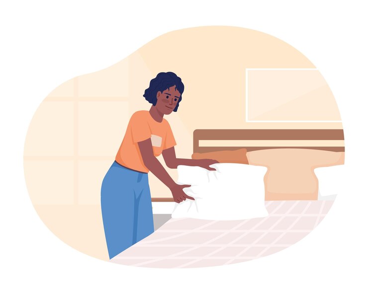 Vector making bed after waking up in morning 2d vector isolated illustration