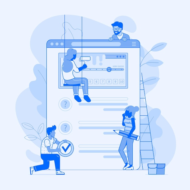 making client survey concept in flat design team of people creating test application form or questionnaire for marketing research teamwork over user experience exploration ui illustration