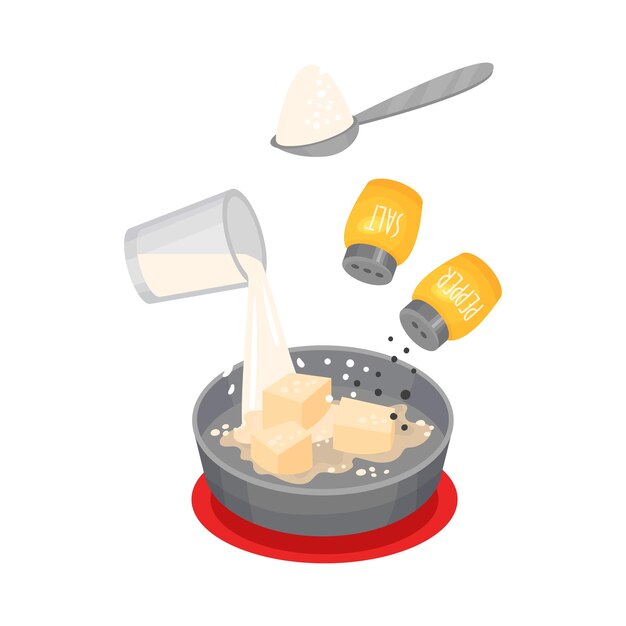 Making of Creamy Sauce with Milk and Butter for Lasagne Preparation Vector Illustration