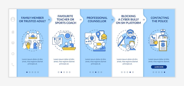 Making cyberbullying complaint onboarding vector template. responsive mobile website with icons. web page walkthrough 5 step screens. professional counselling color concept with linear illustrations