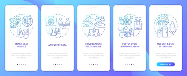 DEI の取り組みを効率化する青のグラデーション オンボーディング モバイル アプリ画面