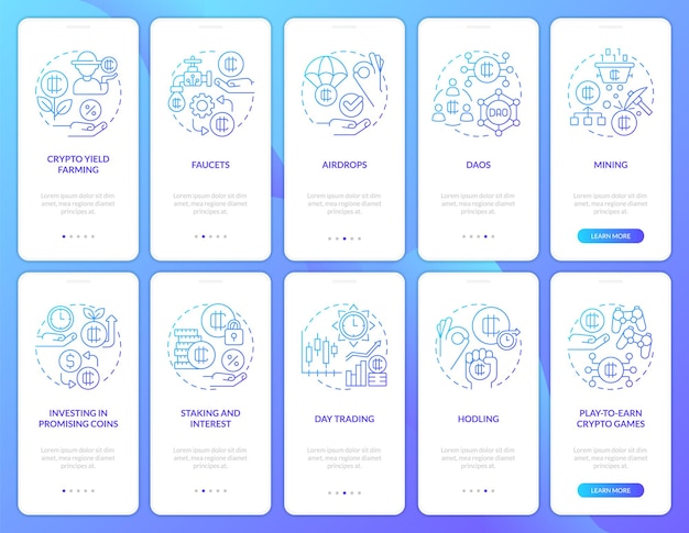 Making money on crypto blue gradient onboarding mobile app screen set