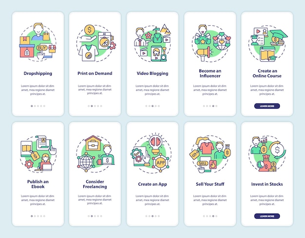 making money online onboarding mobile app page screen set