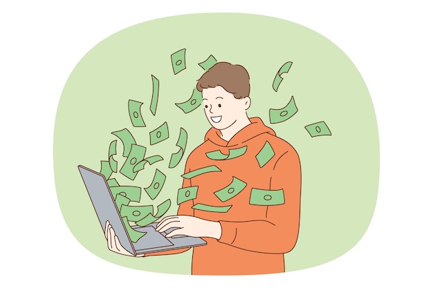 お金を稼ぐと利益のオンラインコンセプトノートパソコンの画面のベクトル図から飛んでお金の現金を立って見て若い笑顔の男