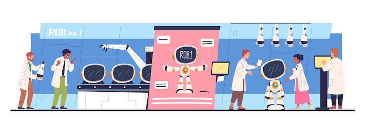 Vector making robot lab engineers build robots in science laboratory bot invention development or hardware repair software electronic computing computer tech classy vector illustration
