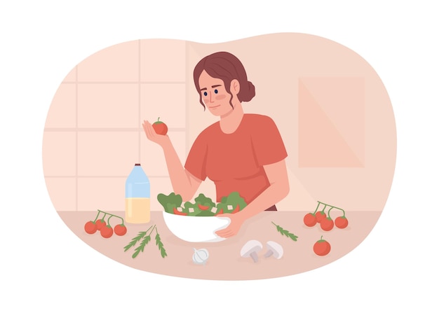 Making salad with fresh vegetables and mayonnaise 2D vector isolated illustration