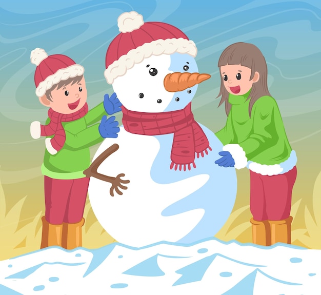 Vector making snowman at winter come