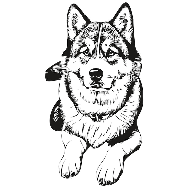 マラミュート犬は、黒と白の現実的な品種ペットでベクトル肖像画の顔漫画ビンテージ描画を刻まれました