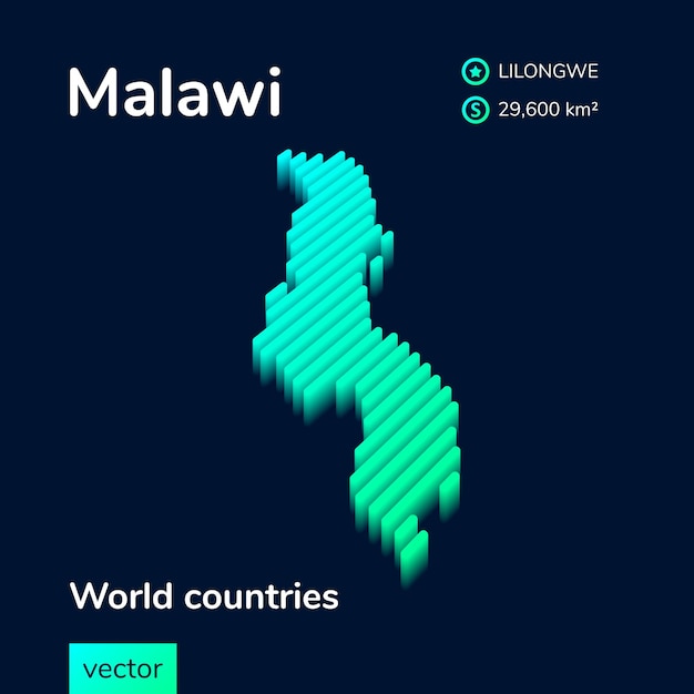 Малави 3d карта стилизованная полосатая векторная карта изометрии Малави в неоново-зеленом и мятном цветах
