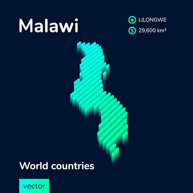 말라위 3d 맵 양식화된 말라위 벡터 아이소메트릭 맵은 네온 그린과 민트 색상으로 되어 있습니다.