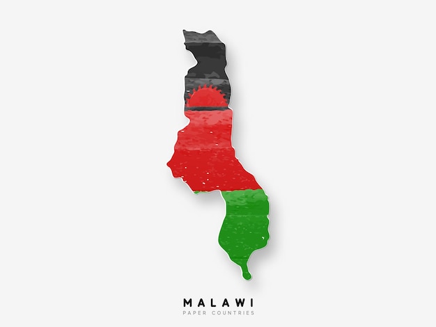 Malawi detailed map with flag of country. painted in watercolor paint colors in the national flag.