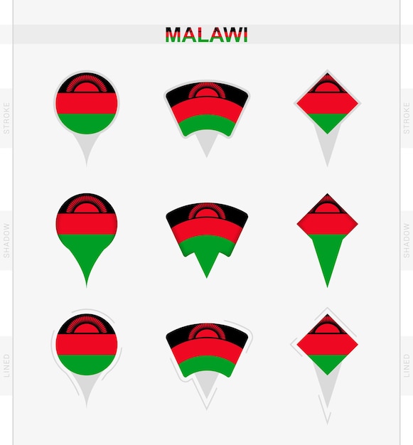 Vector malawi flag set of location pin icons of malawi flag