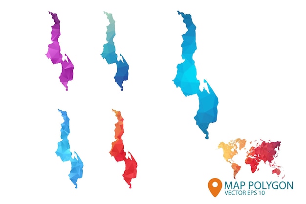 Malawi kaart set geometrische verkreukelde driehoekige laag poly stijl gradiënt grafische achtergrond