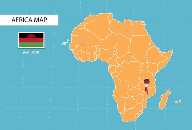 Malawi map in Africa, icons showing Malawi location and flags.