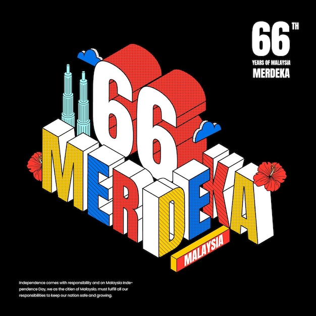 Vector malaysia 66th independence day isometric design