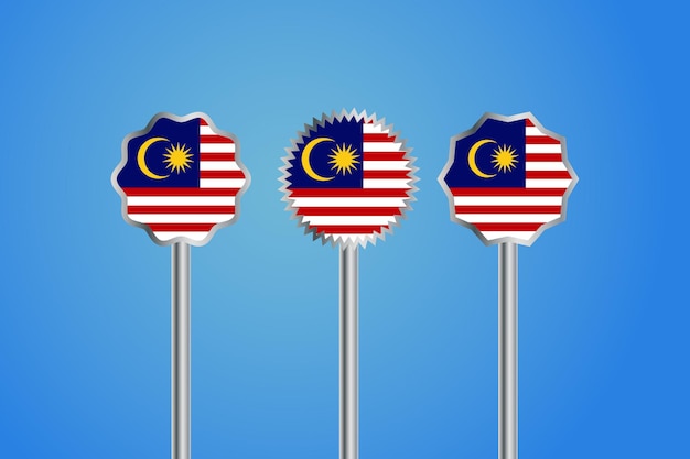 シルバーのボーダーバッジとポールが付いたマレーシアの国旗