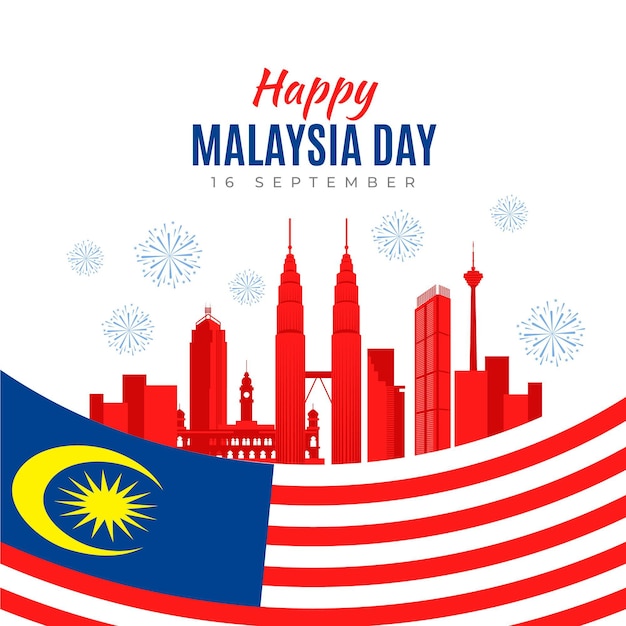 Giorno della malesia con bandiera e skyline