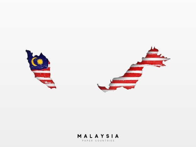 Malaysia detailed map with flag of country. Painted in watercolor paint colors in the national flag.