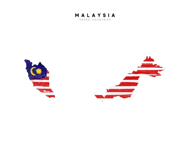 Malaysia detailed map with flag of country. Painted in watercolor paint colors in the national flag.