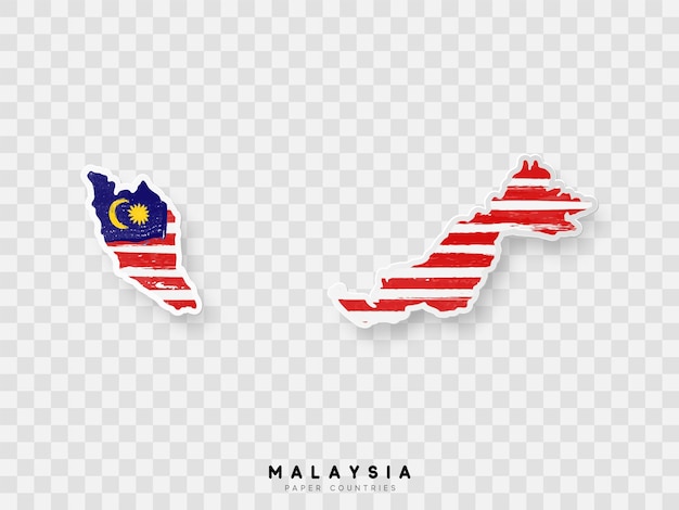 Malaysia detailed map with flag of country. Painted in watercolor paint colors in the national flag.