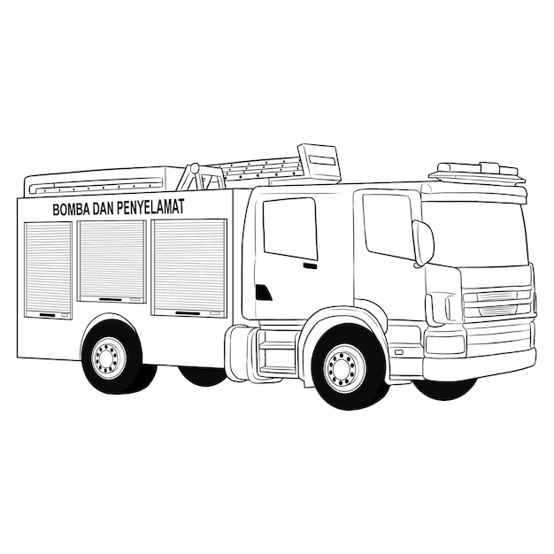 Malaysia Fire Engine Hand Drawn Black and White Outline