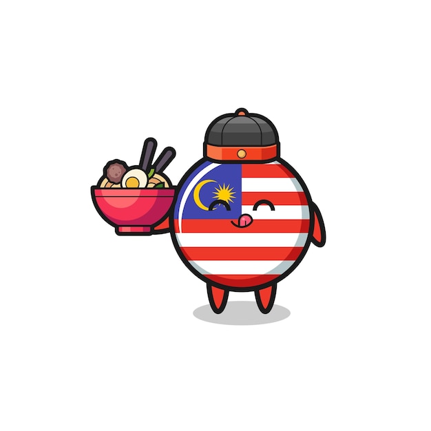 Bandiera della malesia come mascotte cinese dello chef che tiene una ciotola di noodle