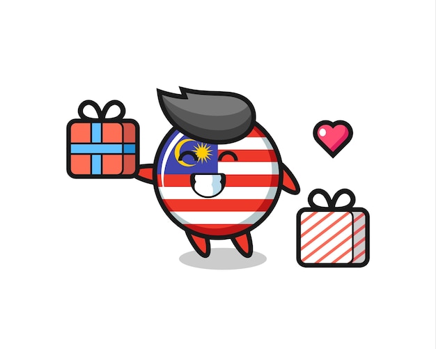 Malaysia flag badge mascot cartoon giving the gift