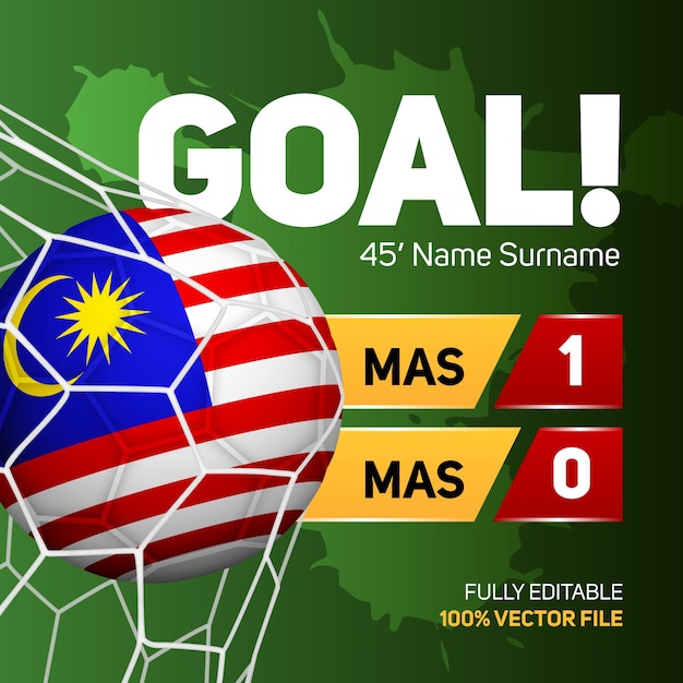 Malaysia flag football soccer ball mockup scoring goal scoreboard banner 3d vector illustration