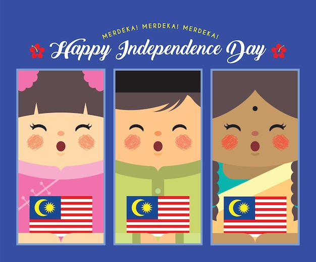 Vector malaysia independence day - cute cartoon malay, indian and chinese people holding national flag.