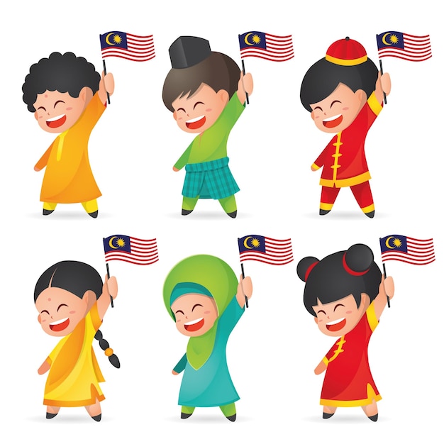 かわいいマレー人、インド人、中国人の子供とマレーシア独立記念日のイラスト。