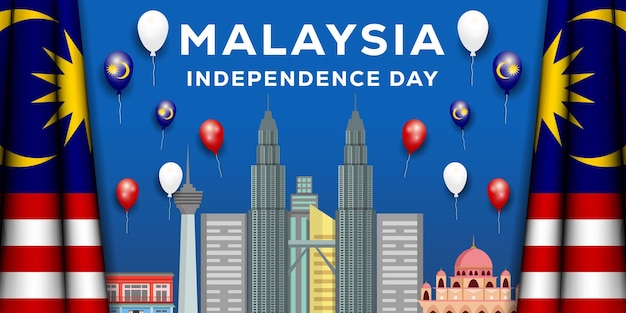 Malaysia independence day illustration with malaysia landmark and realistic malaysian flags