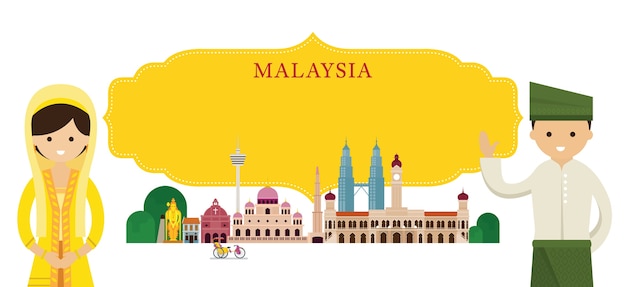 Vector malaysia landmarks and traditional clothing