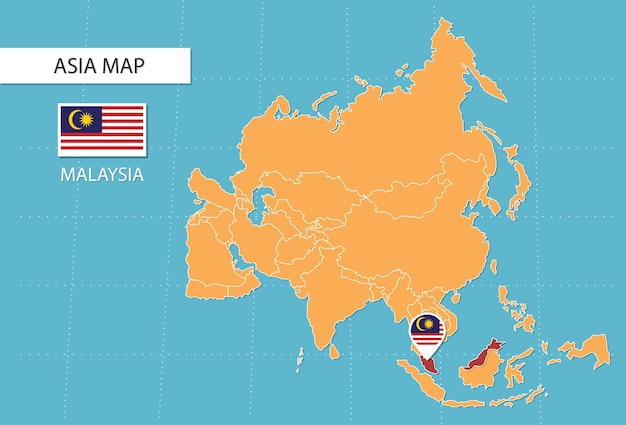 Vector malaysia map in asia, icons showing malaysia location and flags.