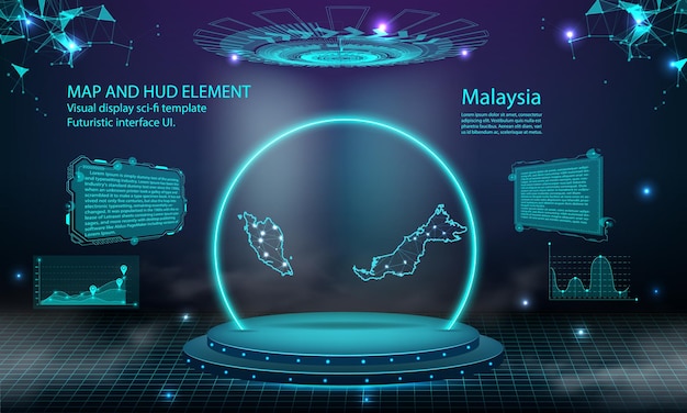 Malaysia map light connecting effect background abstract digital technology ui gui futuristic hud virtual interface with malaysia map stage futuristic podium in fog