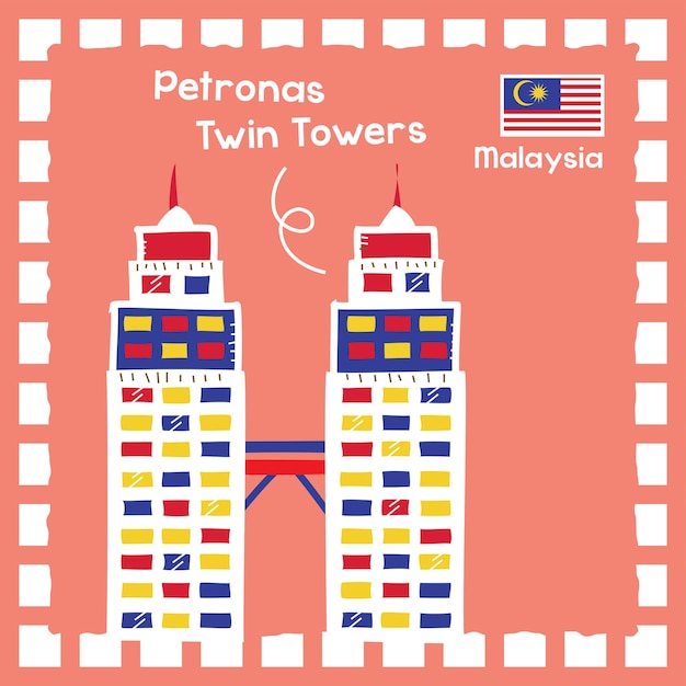 Malaysia petronas twin towers landmark illustration with cute stamp design