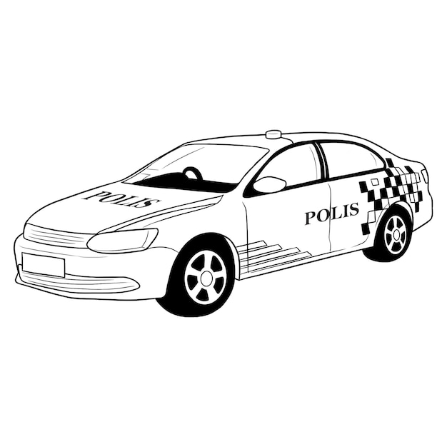 Contorno in bianco e nero disegnato a mano dell'auto della polizia della malesia