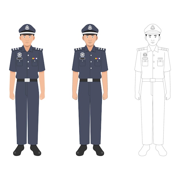 Malaysia profession policeman uniform coloured outline black and white