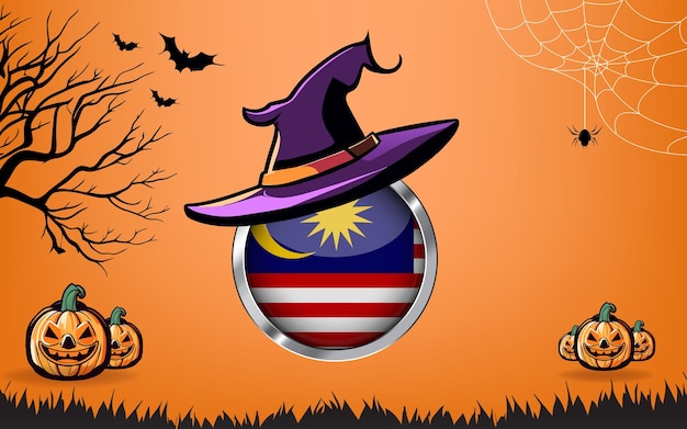 malaysia round flag with Happy Halloween banner or party invitation background bats spiders and pumpkins orange background