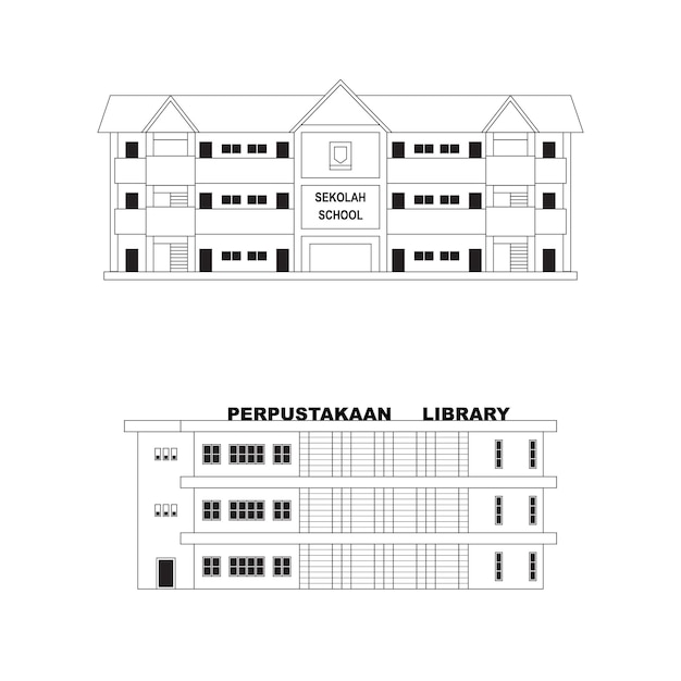 Malaysia school library flat building black white outline