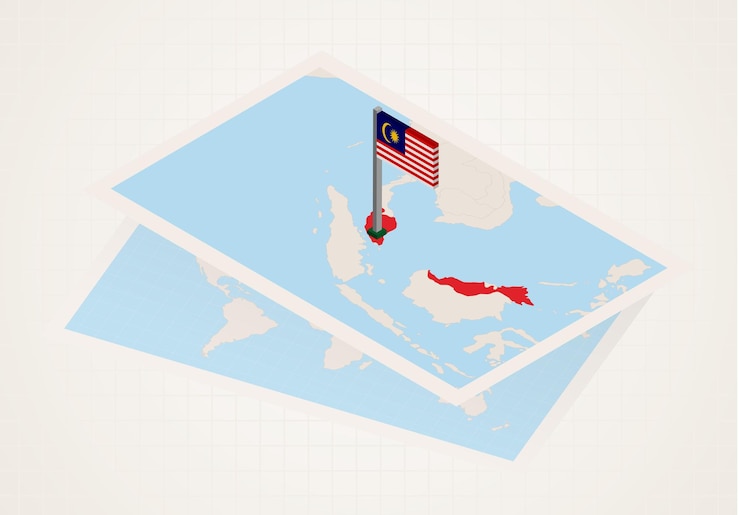 Vector malaysia selected on map with isometric flag of malaysia