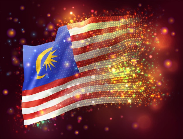 Malaysia, vector 3d flag on pink purple background with lighting and flares