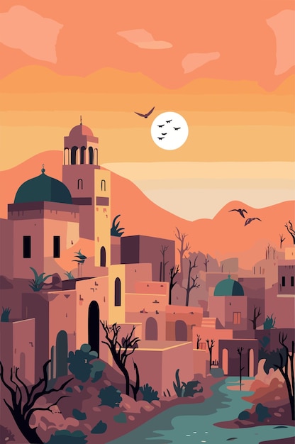 Malaysia village in the evening Vector flat illustration