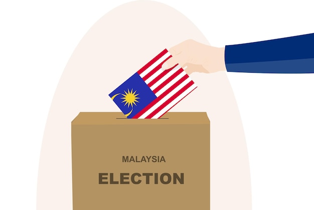 Malaysia vote concept man hand and ballot box election day Malaysia flag vector