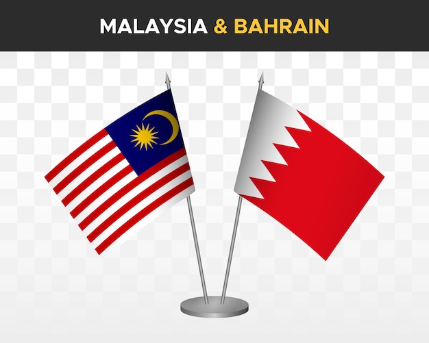 マレーシア対バーレーンのデスクフラグのモックアップは、白い3dベクトルイラストテーブルフラグで分離