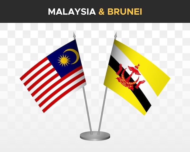 Макет настольных флагов Малайзии и Брунея изолирован на белом трехмерном векторном иллюстративном табличном флаге