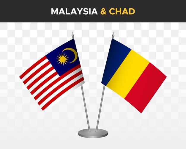 Malaysia vs Chad desk flags mockup isolated on white 3d vector illustration table flags